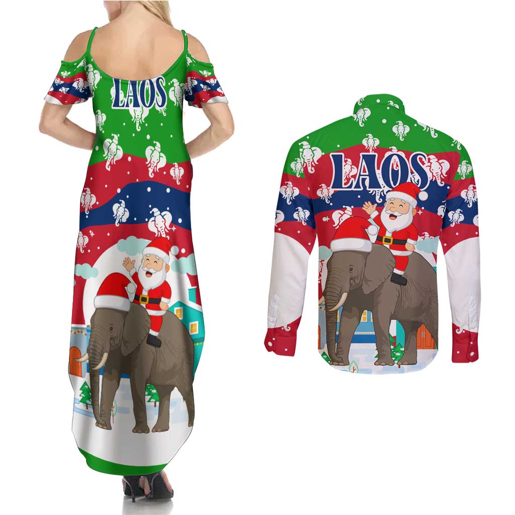 Laos Christmas Couples Matching Summer Maxi Dress and Long Sleeve Button Shirt with Santa Riding Elephant and Festive Flag Pattern - Wonder Print Shop