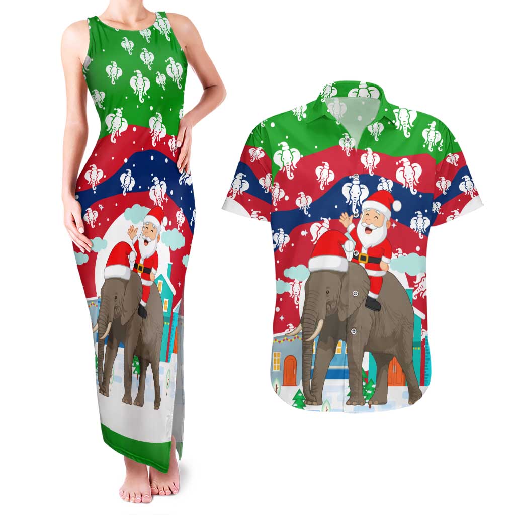 Laos Christmas Couples Matching Tank Maxi Dress and Hawaiian Shirt with Santa Riding Elephant and Festive Flag Pattern - Wonder Print Shop