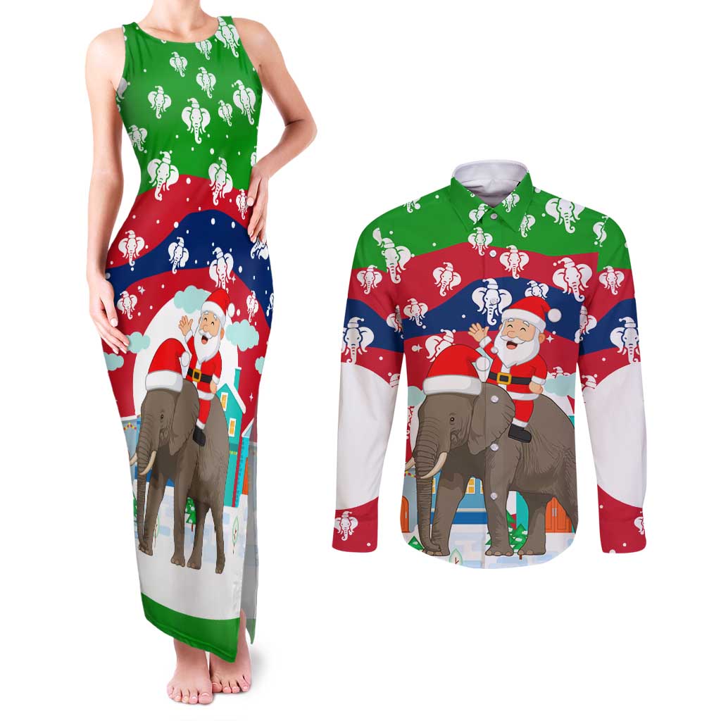 Laos Christmas Couples Matching Tank Maxi Dress and Long Sleeve Button Shirt with Santa Riding Elephant and Festive Flag Pattern - Wonder Print Shop