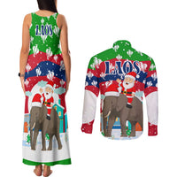 Laos Christmas Couples Matching Tank Maxi Dress and Long Sleeve Button Shirt with Santa Riding Elephant and Festive Flag Pattern - Wonder Print Shop