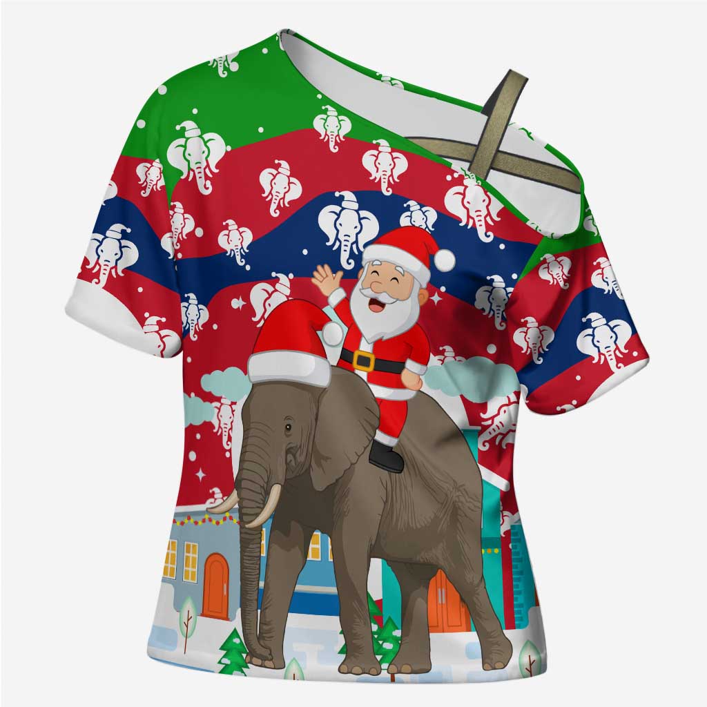 Laos Christmas Cross Shoulder Shirt with Santa Riding Elephant and Festive Flag Pattern - Wonder Print Shop