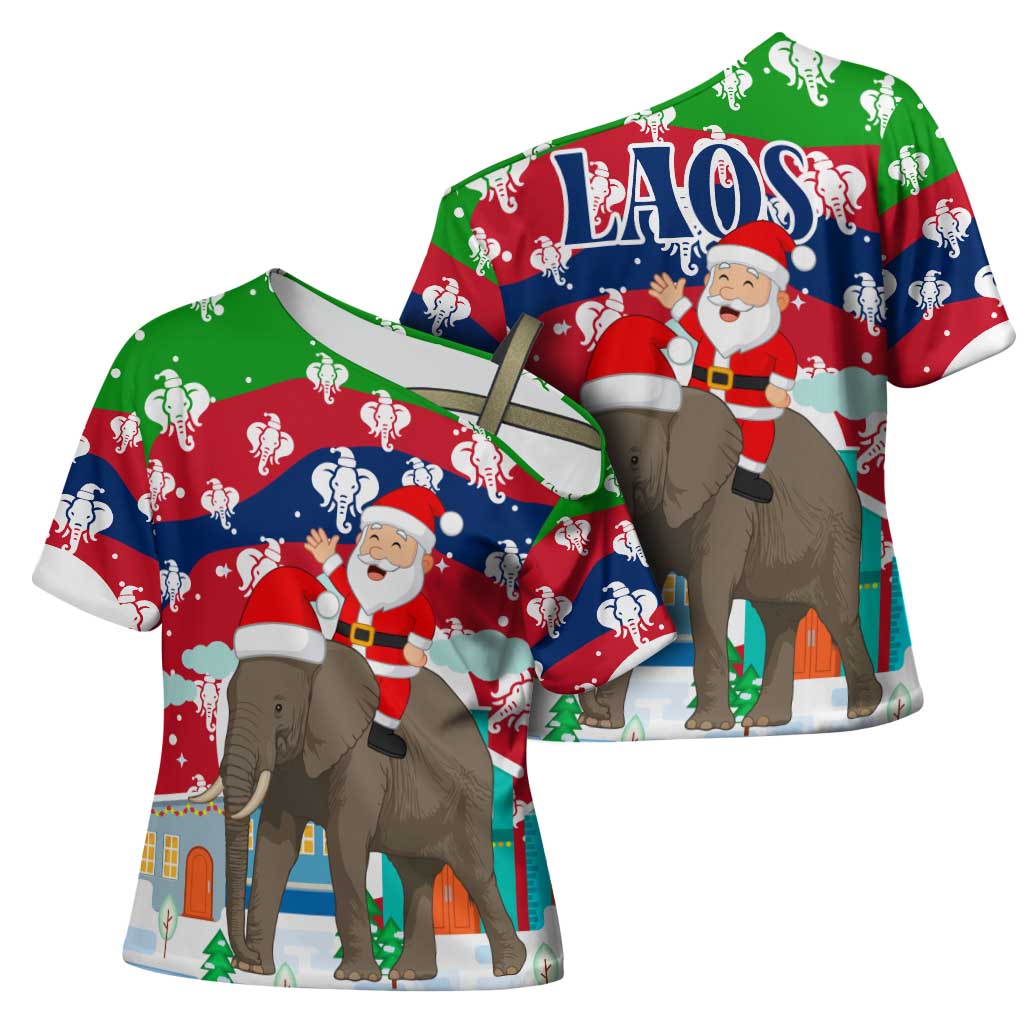 Laos Christmas Cross Shoulder Shirt with Santa Riding Elephant and Festive Flag Pattern - Wonder Print Shop