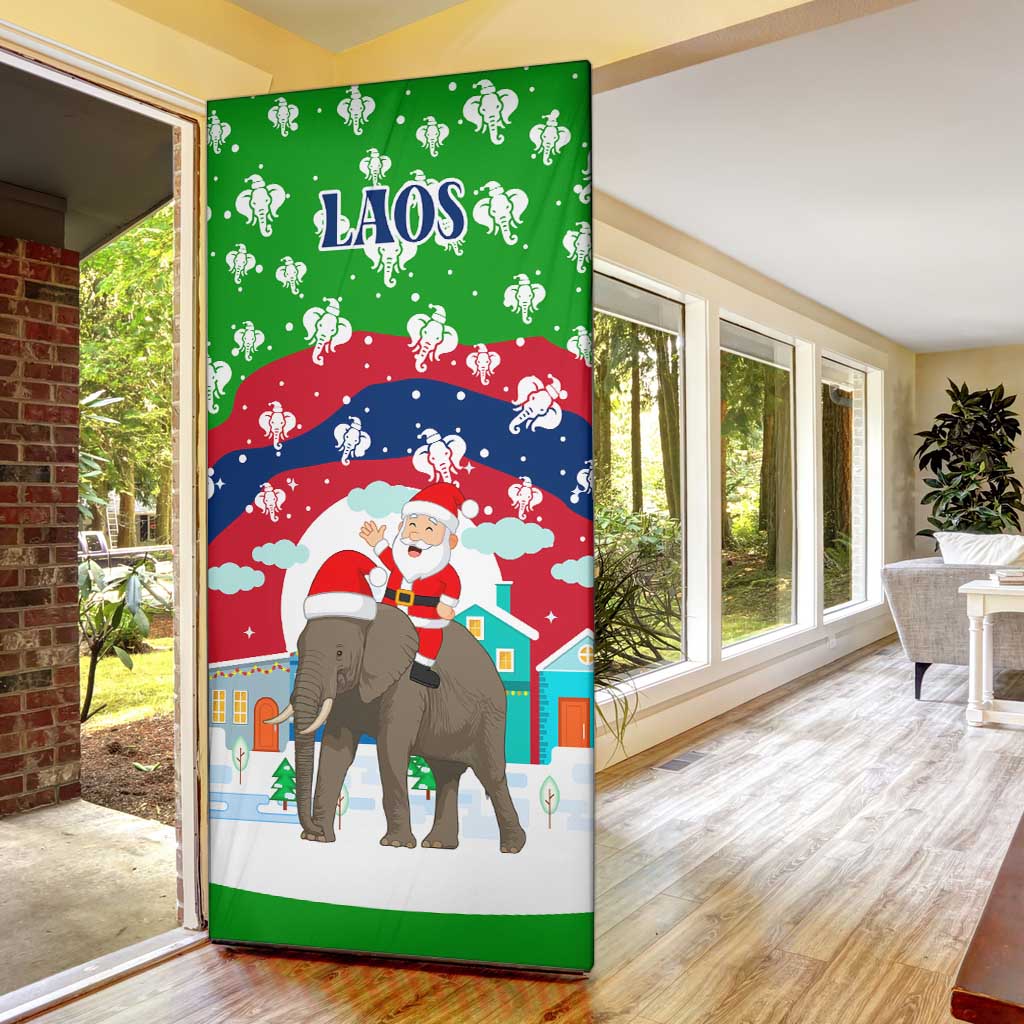 Laos Christmas Door Cover with Santa Riding Elephant and Festive Flag Pattern - Wonder Print Shop