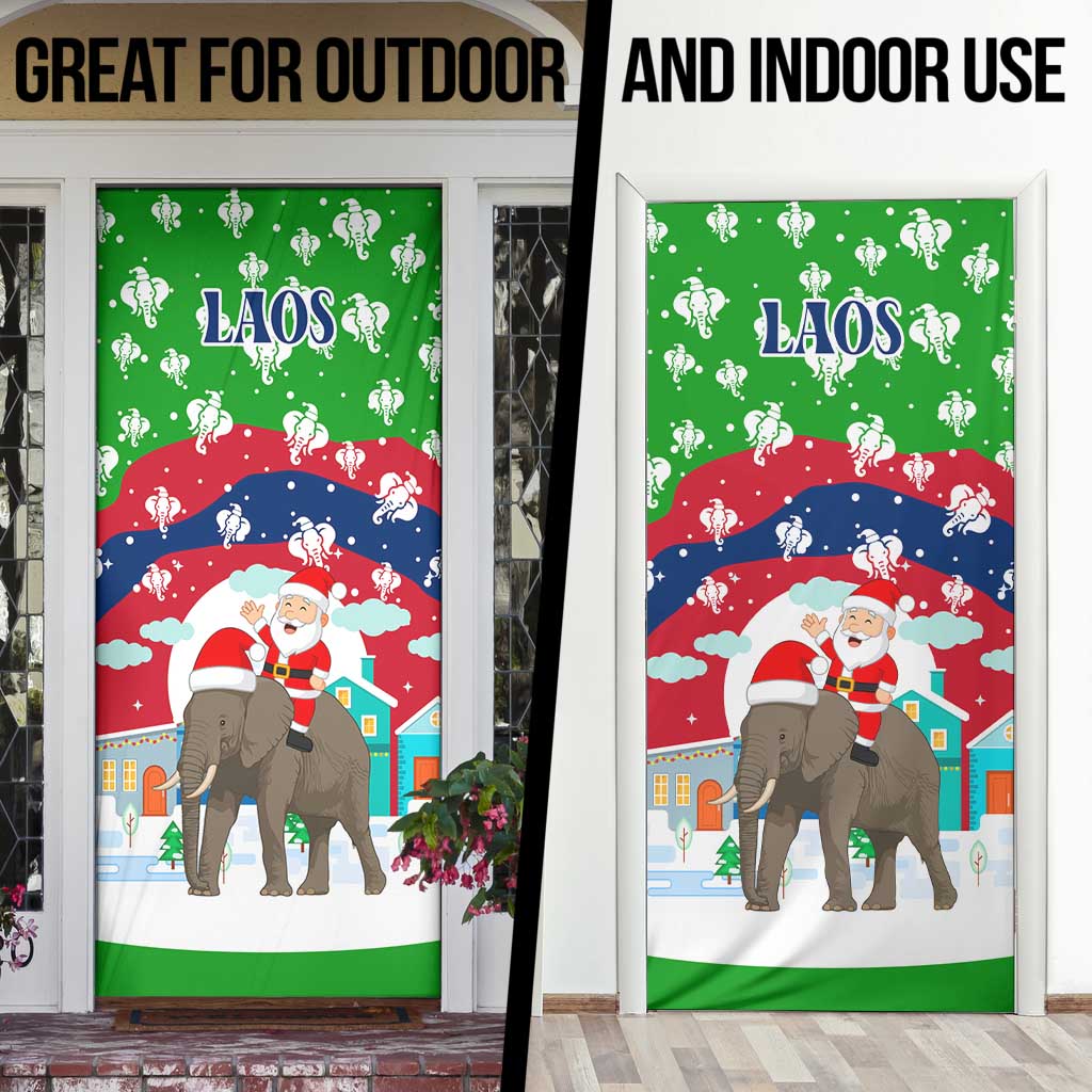 Laos Christmas Door Cover with Santa Riding Elephant and Festive Flag Pattern - Wonder Print Shop