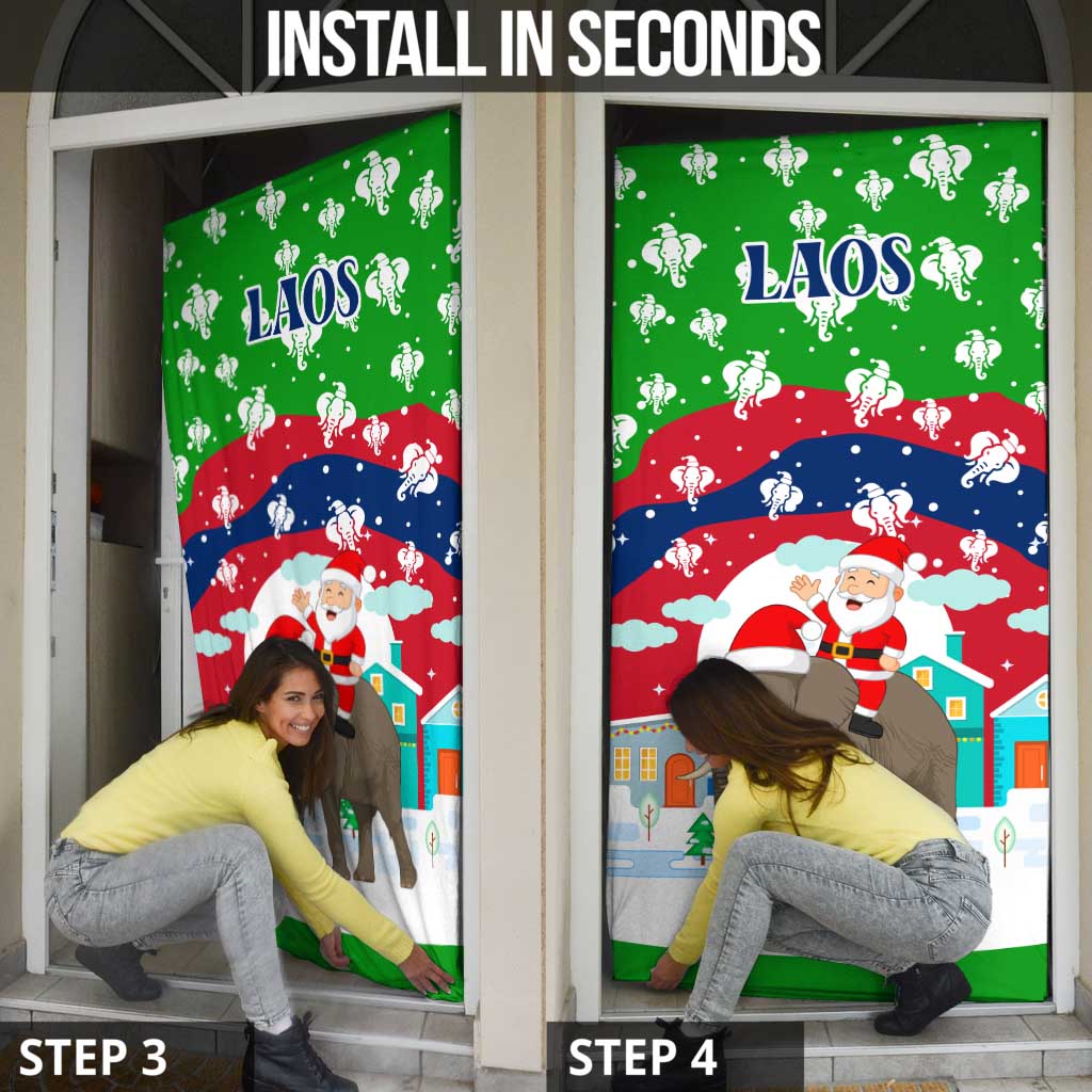 Laos Christmas Door Cover with Santa Riding Elephant and Festive Flag Pattern - Wonder Print Shop