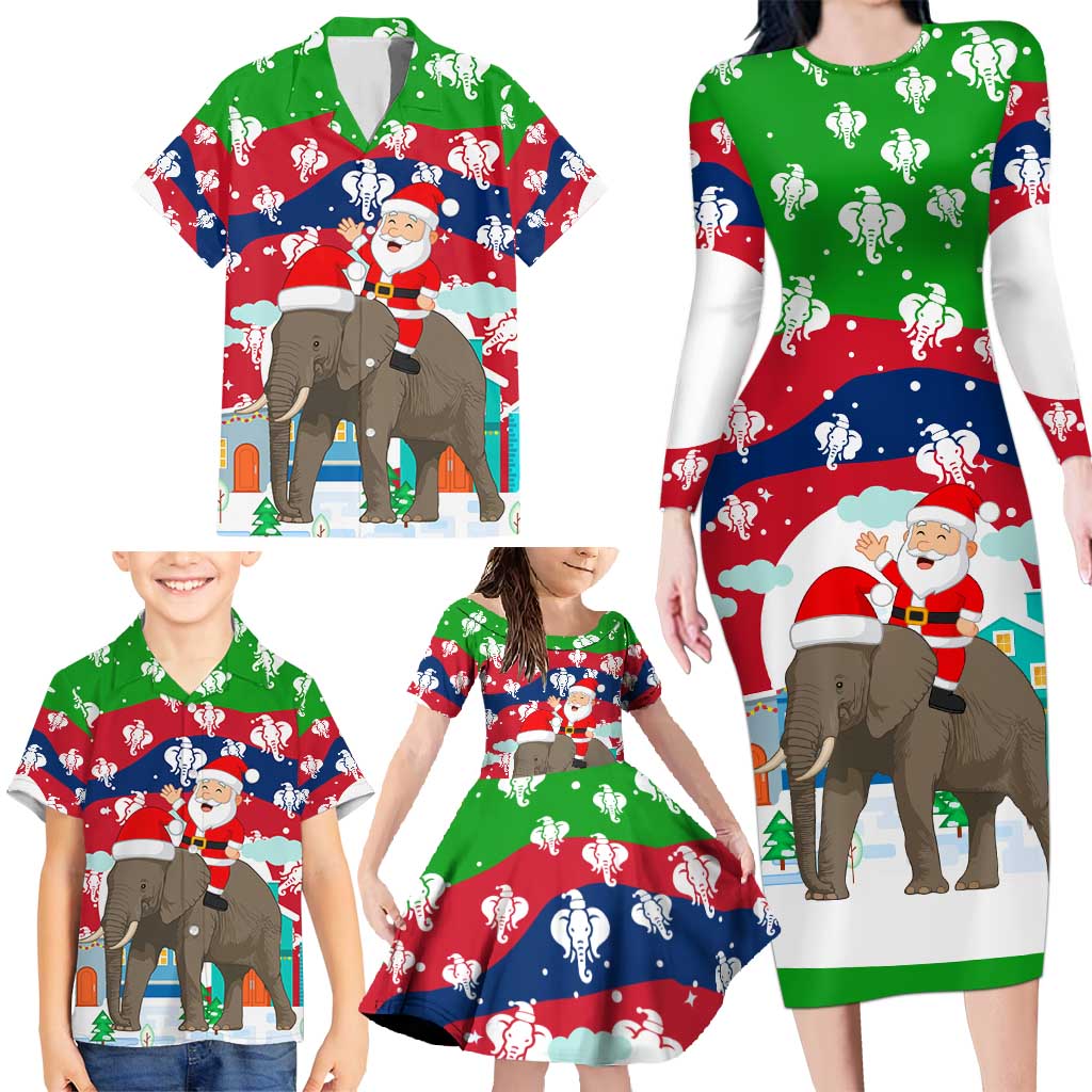Laos Christmas Family Matching Long Sleeve Bodycon Dress and Hawaiian Shirt with Santa Riding Elephant and Festive Flag Pattern - Wonder Print Shop