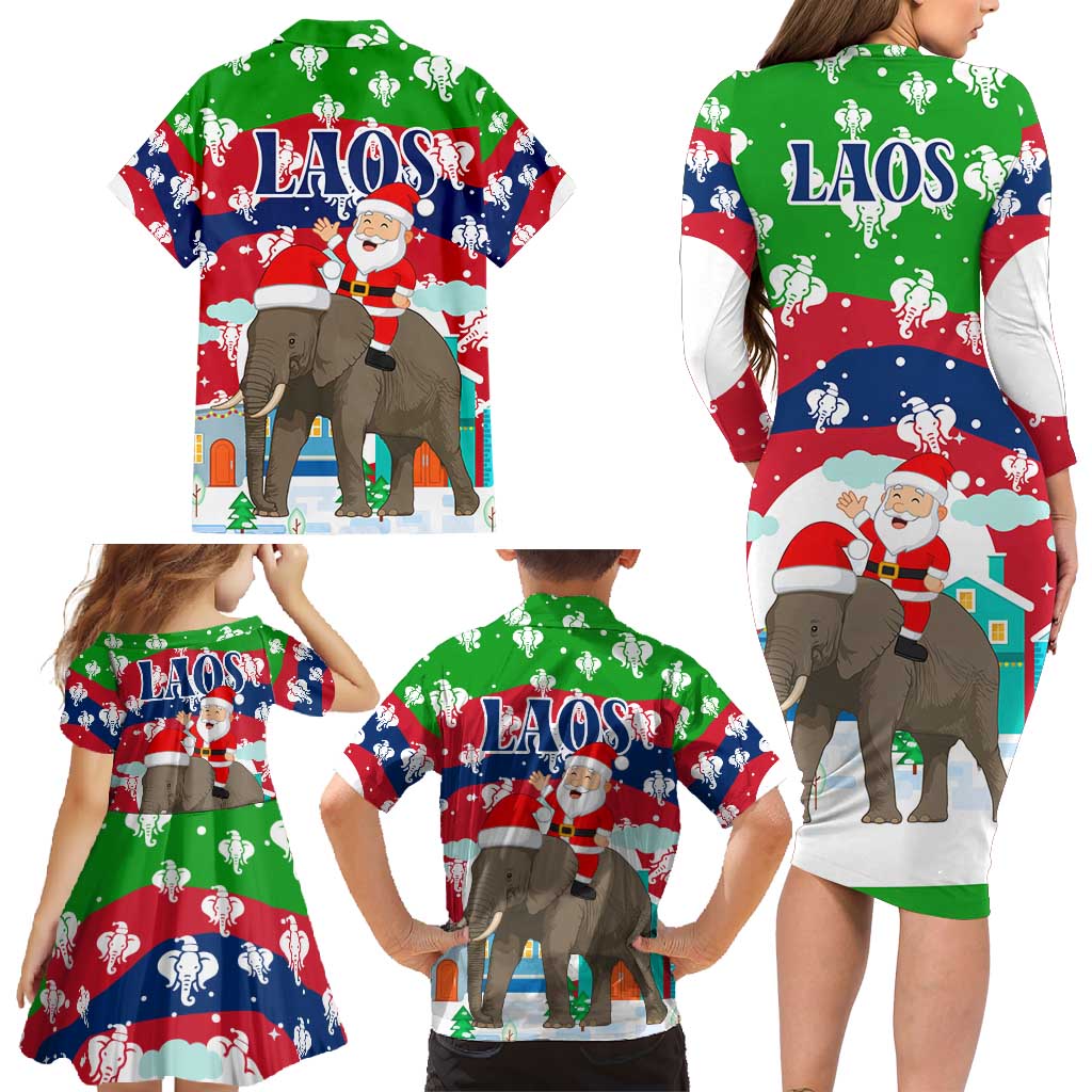 Laos Christmas Family Matching Long Sleeve Bodycon Dress and Hawaiian Shirt with Santa Riding Elephant and Festive Flag Pattern - Wonder Print Shop