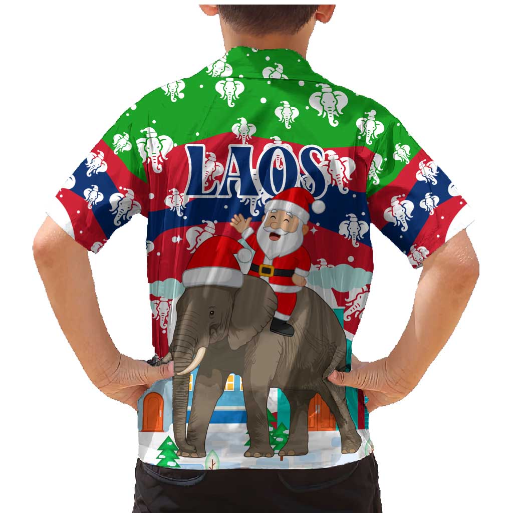 Laos Christmas Family Matching Mermaid Dress and Hawaiian Shirt with Santa Riding Elephant and Festive Flag Pattern - Wonder Print Shop
