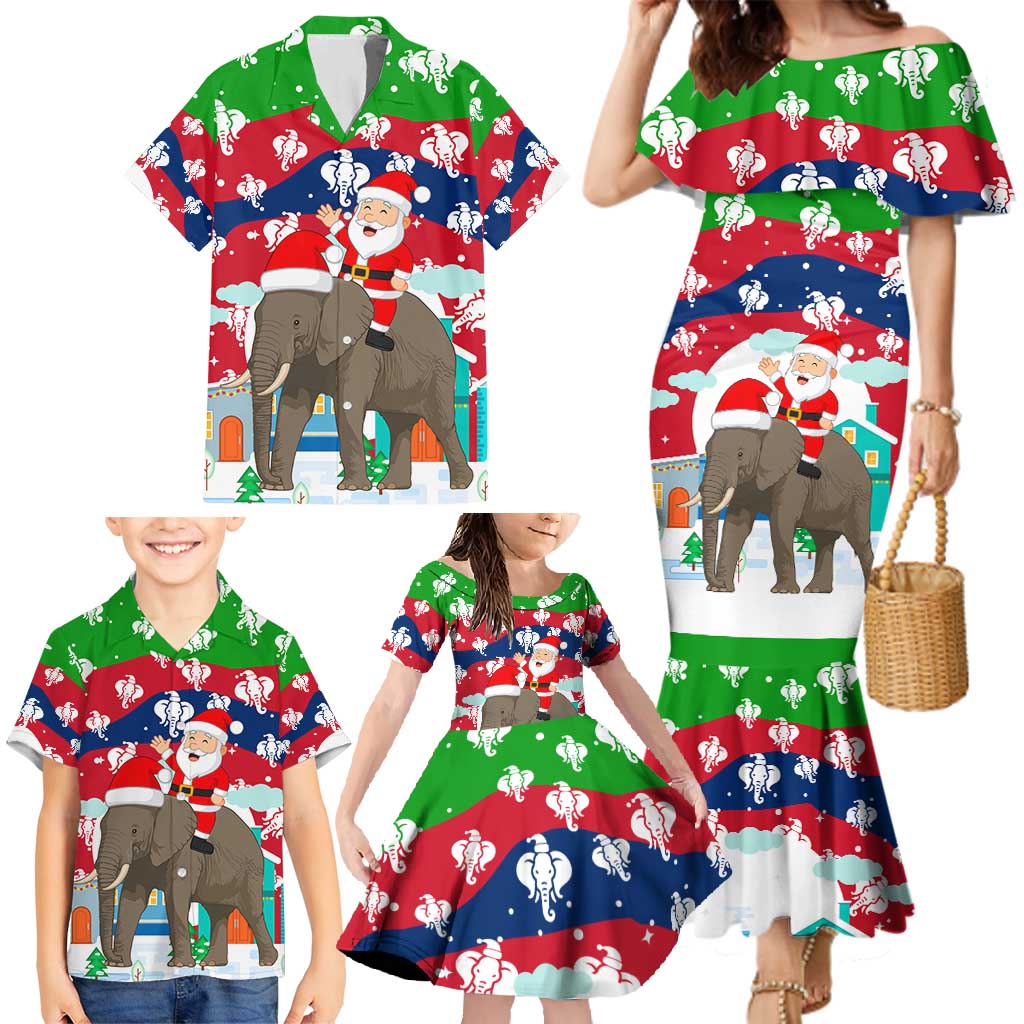 Laos Christmas Family Matching Mermaid Dress and Hawaiian Shirt with Santa Riding Elephant and Festive Flag Pattern - Wonder Print Shop