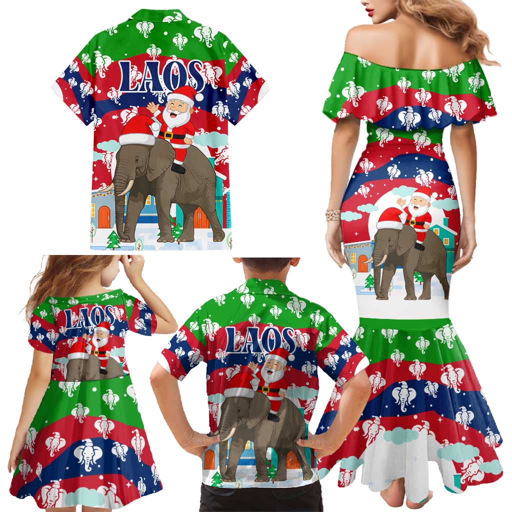 Laos Christmas Family Matching Mermaid Dress and Hawaiian Shirt with Santa Riding Elephant and Festive Flag Pattern - Wonder Print Shop