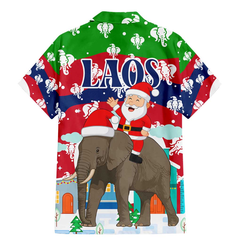 Laos Christmas Family Matching Mermaid Dress and Hawaiian Shirt with Santa Riding Elephant and Festive Flag Pattern - Wonder Print Shop
