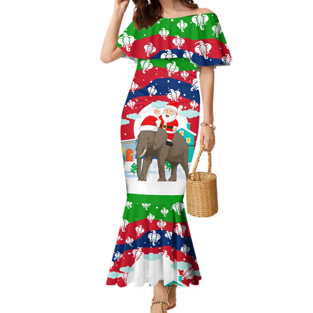 Laos Christmas Family Matching Mermaid Dress and Hawaiian Shirt with Santa Riding Elephant and Festive Flag Pattern - Wonder Print Shop