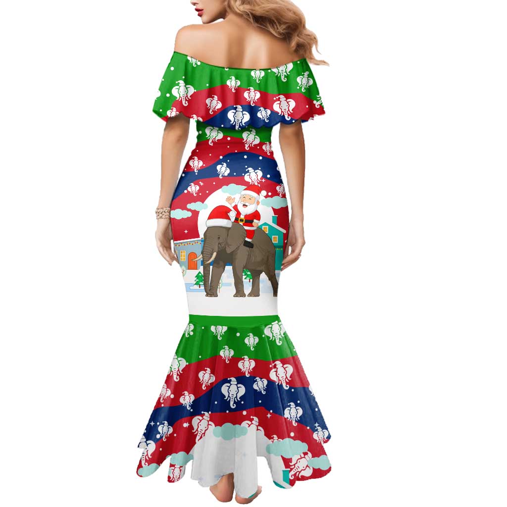 Laos Christmas Family Matching Mermaid Dress and Hawaiian Shirt with Santa Riding Elephant and Festive Flag Pattern - Wonder Print Shop