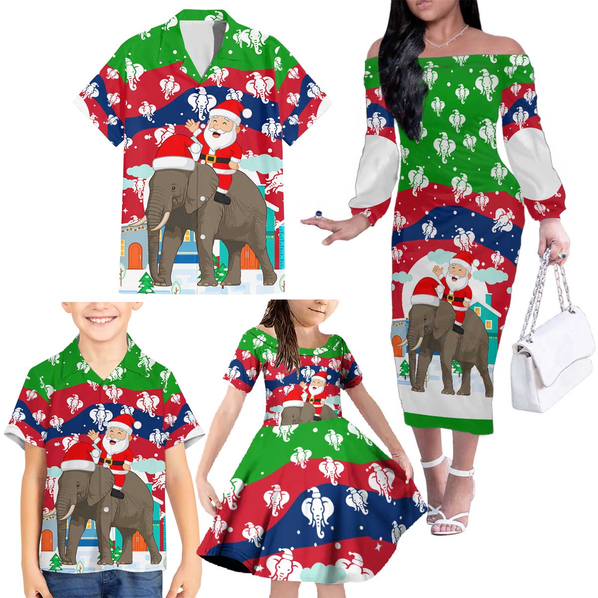 Laos Christmas Family Matching Off The Shoulder Long Sleeve Dress and Hawaiian Shirt with Santa Riding Elephant and Festive Flag Pattern - Wonder Print Shop