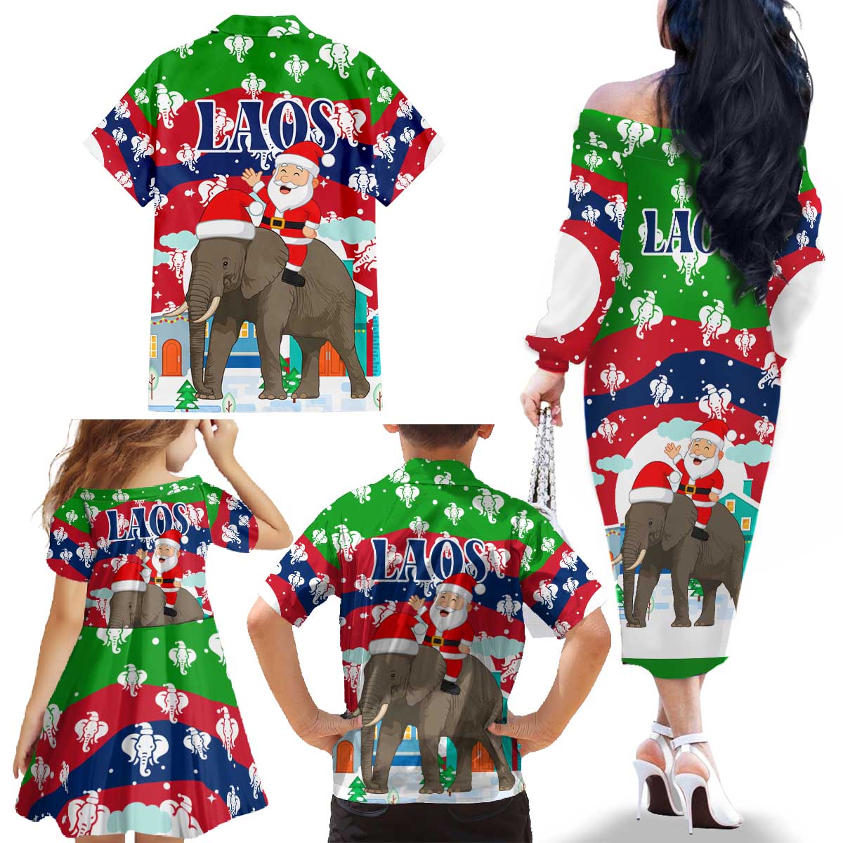 Laos Christmas Family Matching Off The Shoulder Long Sleeve Dress and Hawaiian Shirt with Santa Riding Elephant and Festive Flag Pattern - Wonder Print Shop