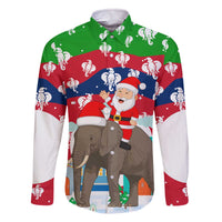 Laos Christmas Family Matching Off The Shoulder Long Sleeve Dress and Hawaiian Shirt with Santa Riding Elephant and Festive Flag Pattern - Wonder Print Shop