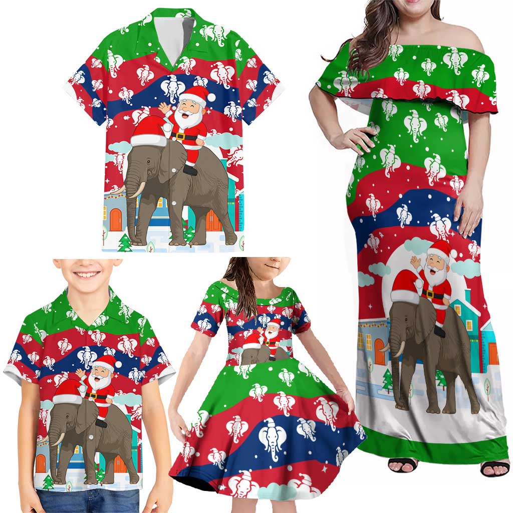 Laos Christmas Family Matching Off Shoulder Maxi Dress and Hawaiian Shirt with Santa Riding Elephant and Festive Flag Pattern - Wonder Print Shop