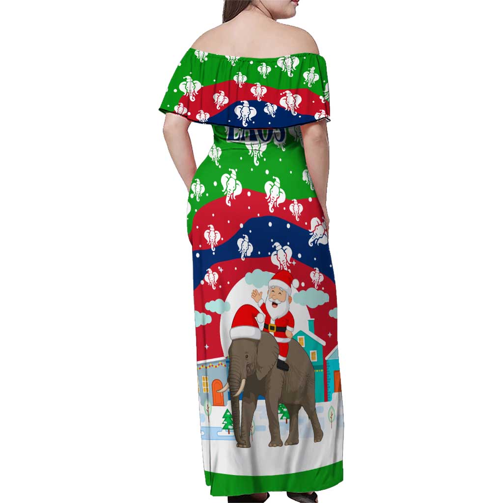 Laos Christmas Family Matching Off Shoulder Maxi Dress and Hawaiian Shirt with Santa Riding Elephant and Festive Flag Pattern - Wonder Print Shop