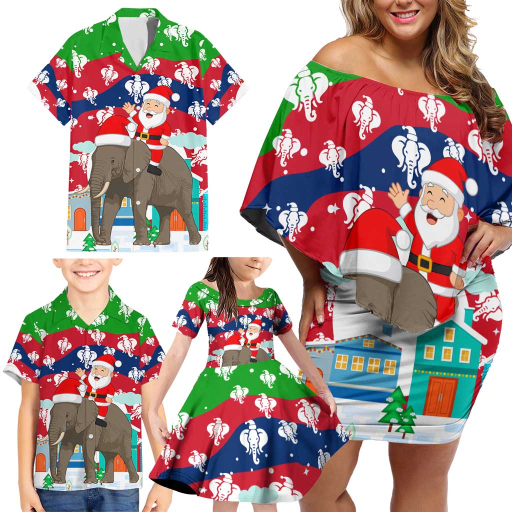 Laos Christmas Family Matching Off Shoulder Short Dress and Hawaiian Shirt with Santa Riding Elephant and Festive Flag Pattern - Wonder Print Shop