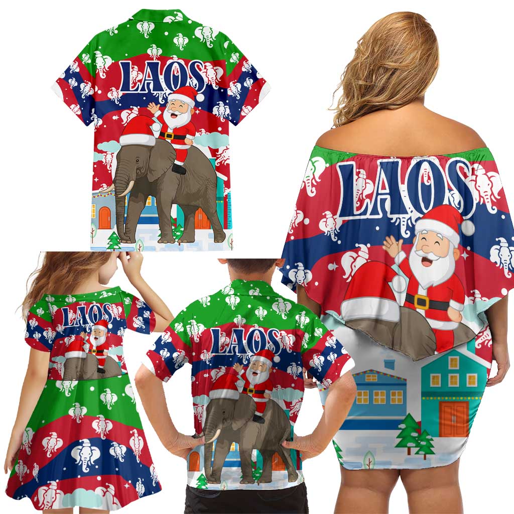 Laos Christmas Family Matching Off Shoulder Short Dress and Hawaiian Shirt with Santa Riding Elephant and Festive Flag Pattern - Wonder Print Shop