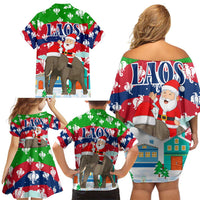 Laos Christmas Family Matching Off Shoulder Short Dress and Hawaiian Shirt with Santa Riding Elephant and Festive Flag Pattern - Wonder Print Shop