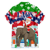 Laos Christmas Family Matching Off Shoulder Short Dress and Hawaiian Shirt with Santa Riding Elephant and Festive Flag Pattern - Wonder Print Shop