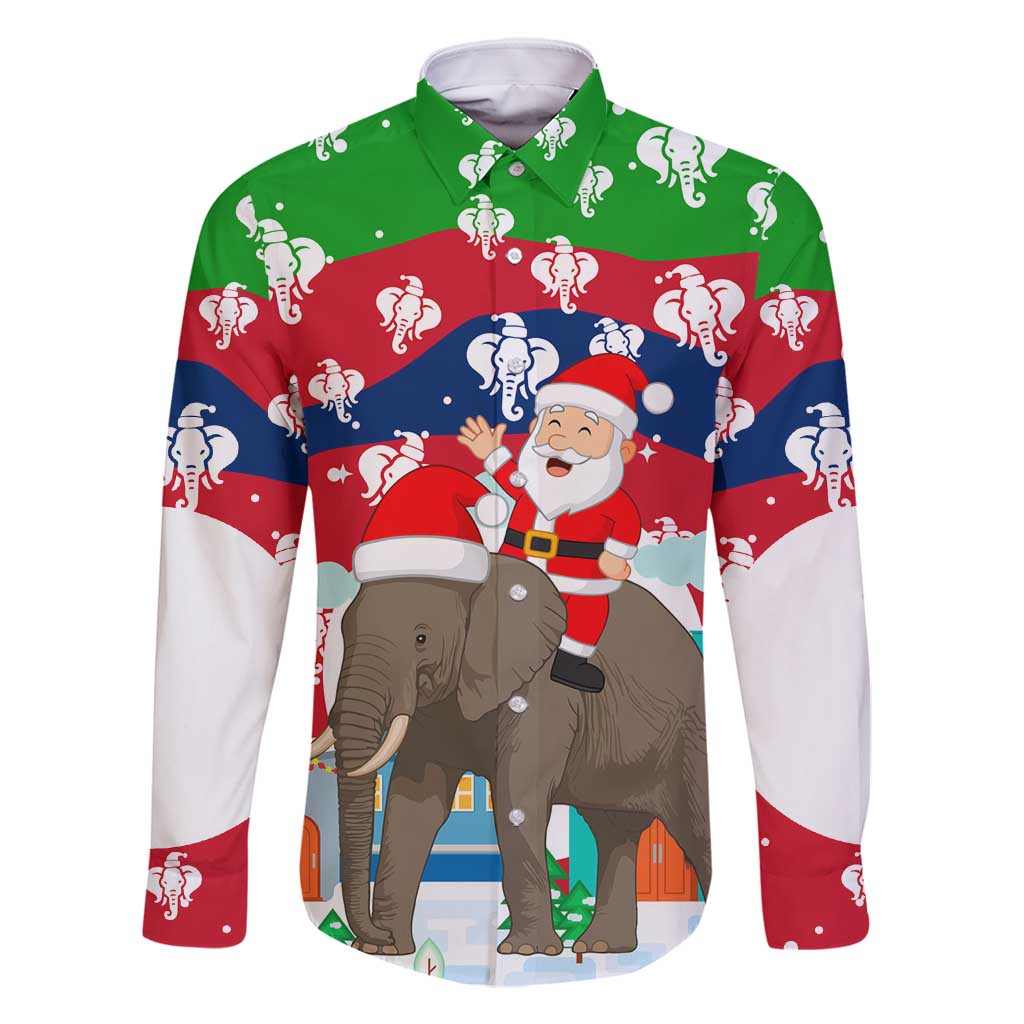 Laos Christmas Family Matching Off Shoulder Short Dress and Hawaiian Shirt with Santa Riding Elephant and Festive Flag Pattern - Wonder Print Shop