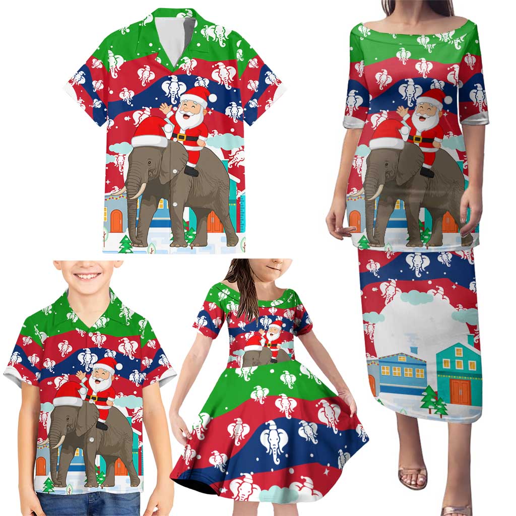 Laos Christmas Family Matching Puletasi and Hawaiian Shirt with Santa Riding Elephant and Festive Flag Pattern - Wonder Print Shop