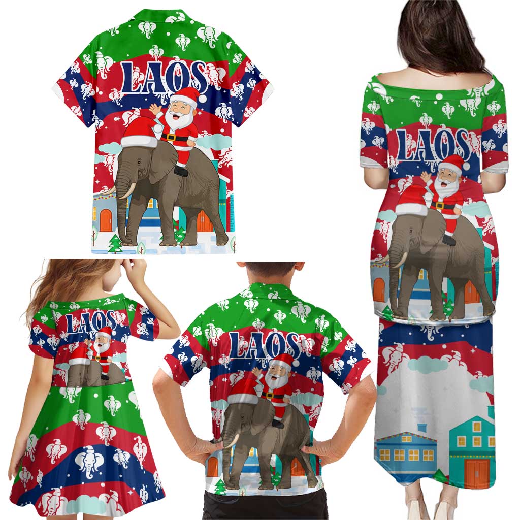 Laos Christmas Family Matching Puletasi and Hawaiian Shirt with Santa Riding Elephant and Festive Flag Pattern - Wonder Print Shop