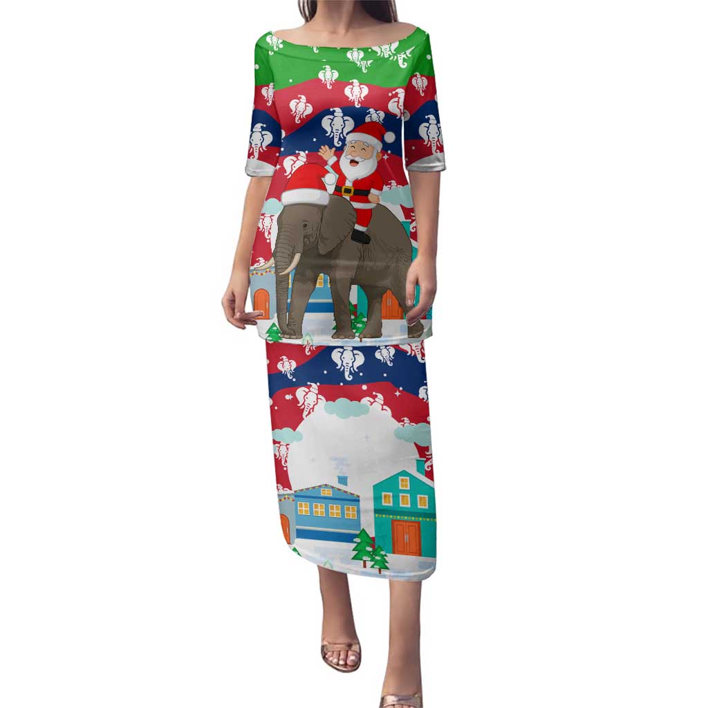 Laos Christmas Family Matching Puletasi and Hawaiian Shirt with Santa Riding Elephant and Festive Flag Pattern - Wonder Print Shop