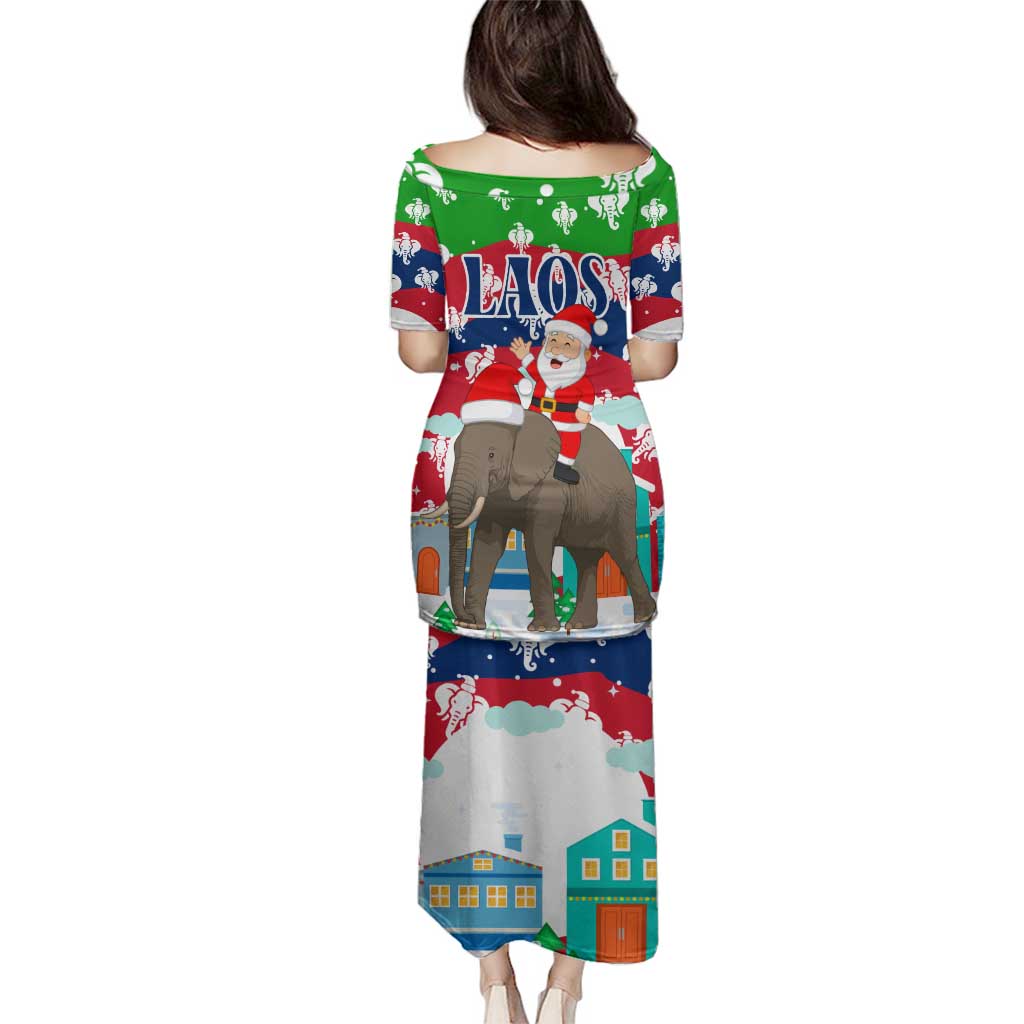 Laos Christmas Family Matching Puletasi and Hawaiian Shirt with Santa Riding Elephant and Festive Flag Pattern - Wonder Print Shop
