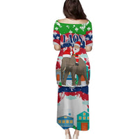 Laos Christmas Family Matching Puletasi and Hawaiian Shirt with Santa Riding Elephant and Festive Flag Pattern - Wonder Print Shop