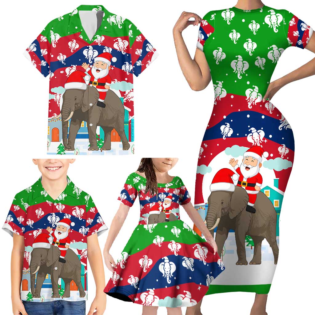Laos Christmas Family Matching Short Sleeve Bodycon Dress and Hawaiian Shirt with Santa Riding Elephant and Festive Flag Pattern - Wonder Print Shop