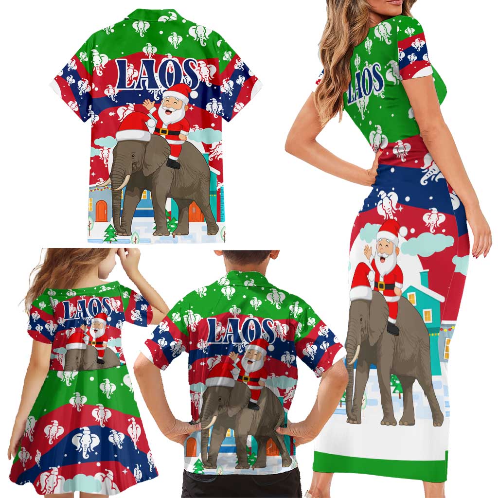 Laos Christmas Family Matching Short Sleeve Bodycon Dress and Hawaiian Shirt with Santa Riding Elephant and Festive Flag Pattern - Wonder Print Shop