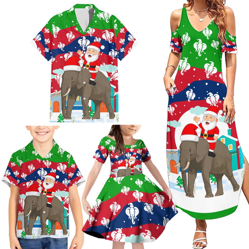 Laos Christmas Family Matching Summer Maxi Dress and Hawaiian Shirt with Santa Riding Elephant and Festive Flag Pattern - Wonder Print Shop