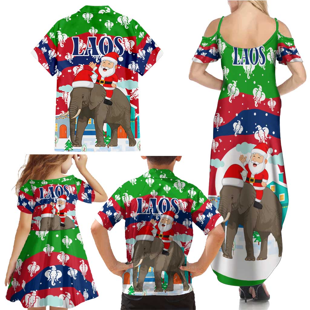Laos Christmas Family Matching Summer Maxi Dress and Hawaiian Shirt with Santa Riding Elephant and Festive Flag Pattern - Wonder Print Shop