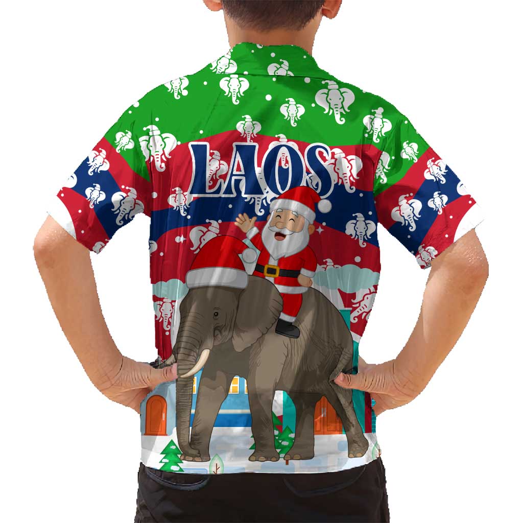 Laos Christmas Family Matching Tank Maxi Dress and Hawaiian Shirt with Santa Riding Elephant and Festive Flag Pattern - Wonder Print Shop