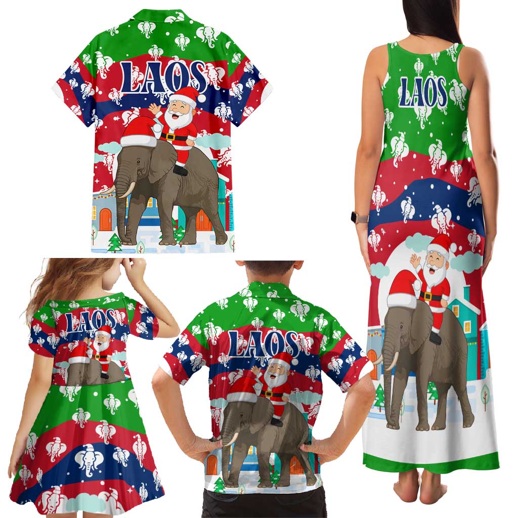 Laos Christmas Family Matching Tank Maxi Dress and Hawaiian Shirt with Santa Riding Elephant and Festive Flag Pattern - Wonder Print Shop