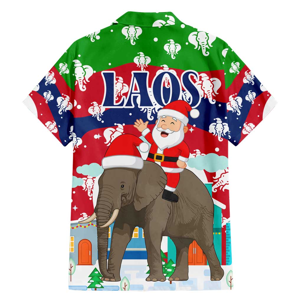 Laos Christmas Family Matching Tank Maxi Dress and Hawaiian Shirt with Santa Riding Elephant and Festive Flag Pattern - Wonder Print Shop