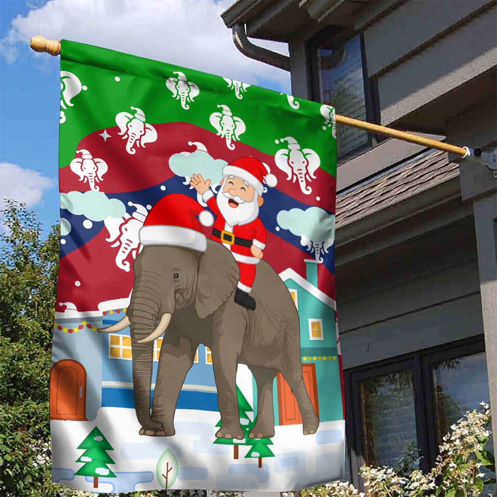 Laos Christmas Garden Flag with Santa Riding Elephant and Festive Flag Pattern - Wonder Print Shop