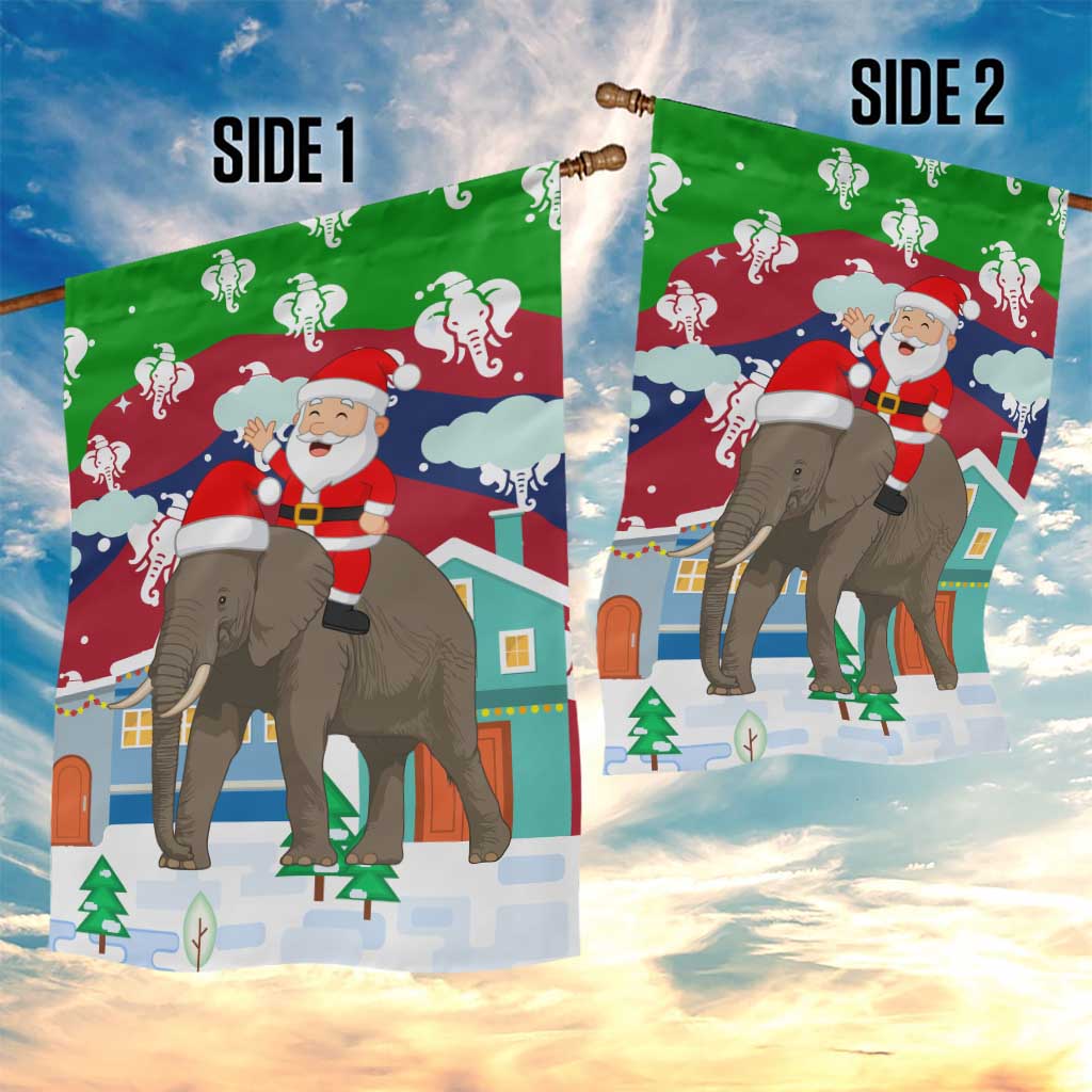 Laos Christmas Garden Flag with Santa Riding Elephant and Festive Flag Pattern - Wonder Print Shop