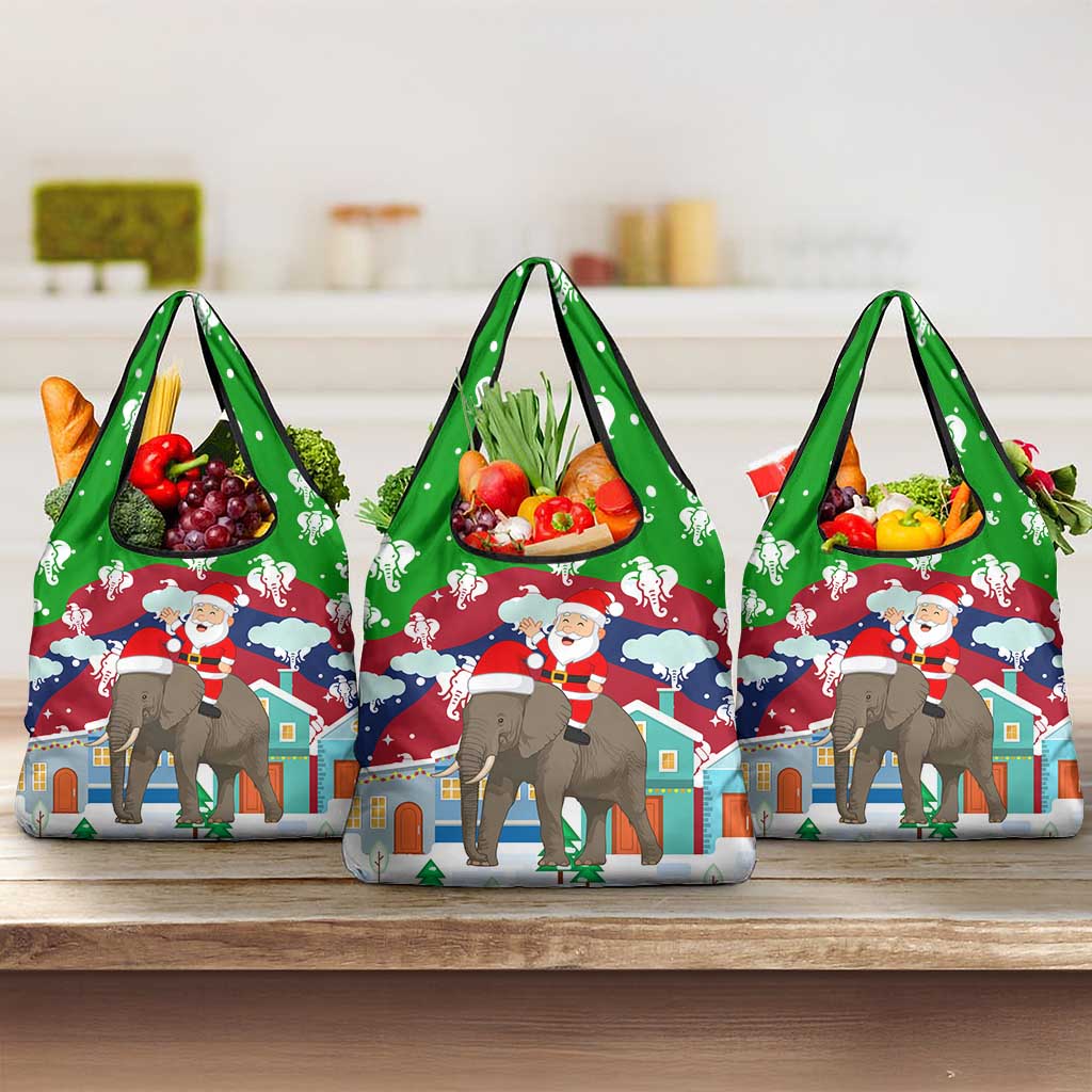 Laos Christmas Grocery Bag with Santa Riding Elephant and Festive Flag Pattern - Wonder Print Shop