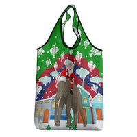 Laos Christmas Grocery Bag with Santa Riding Elephant and Festive Flag Pattern - Wonder Print Shop
