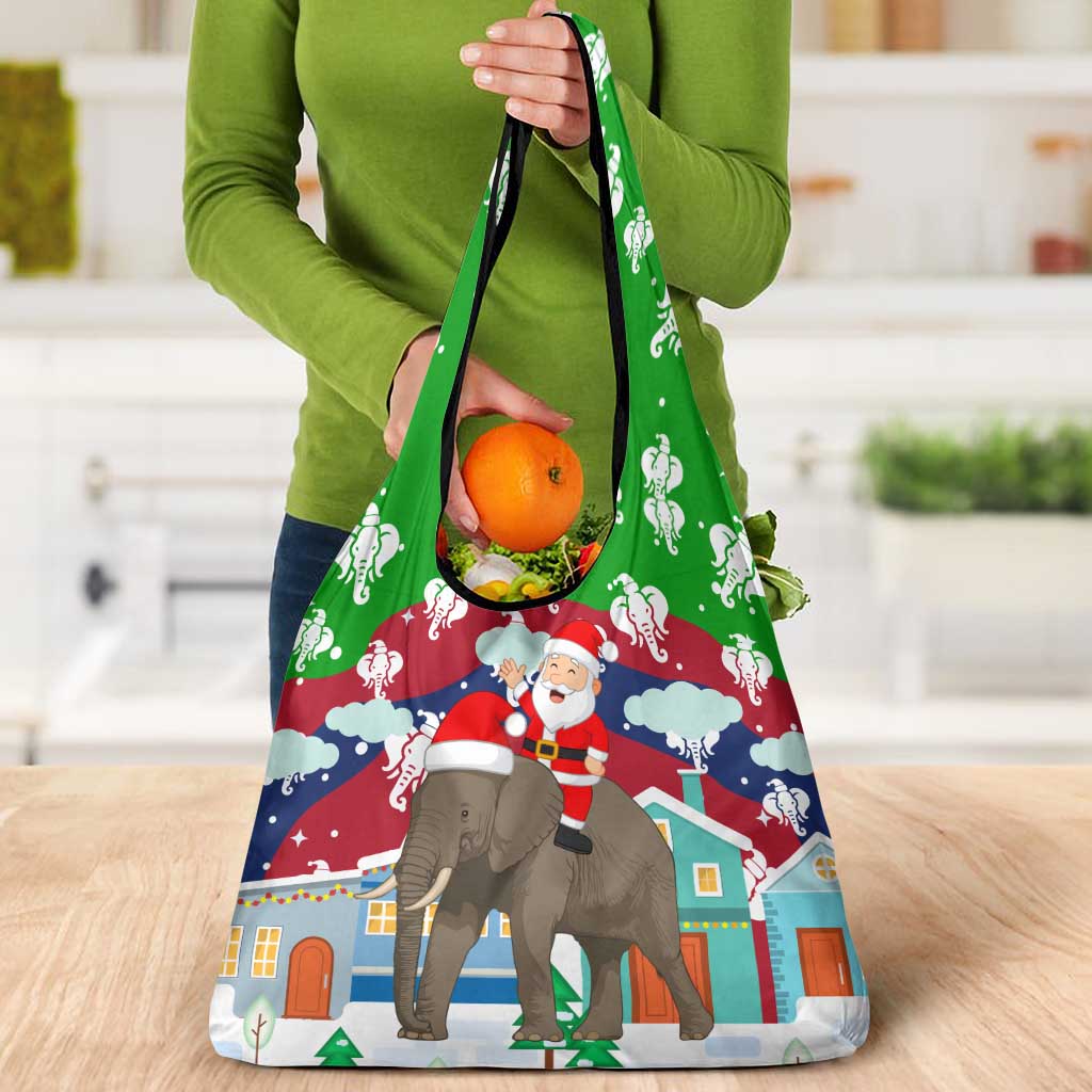 Laos Christmas Grocery Bag with Santa Riding Elephant and Festive Flag Pattern - Wonder Print Shop