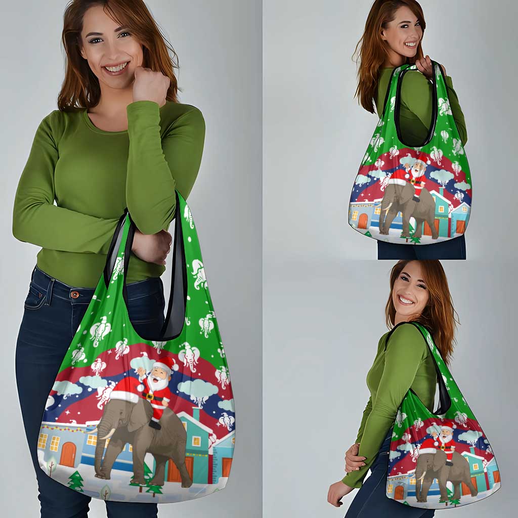 Laos Christmas Grocery Bag with Santa Riding Elephant and Festive Flag Pattern - Wonder Print Shop