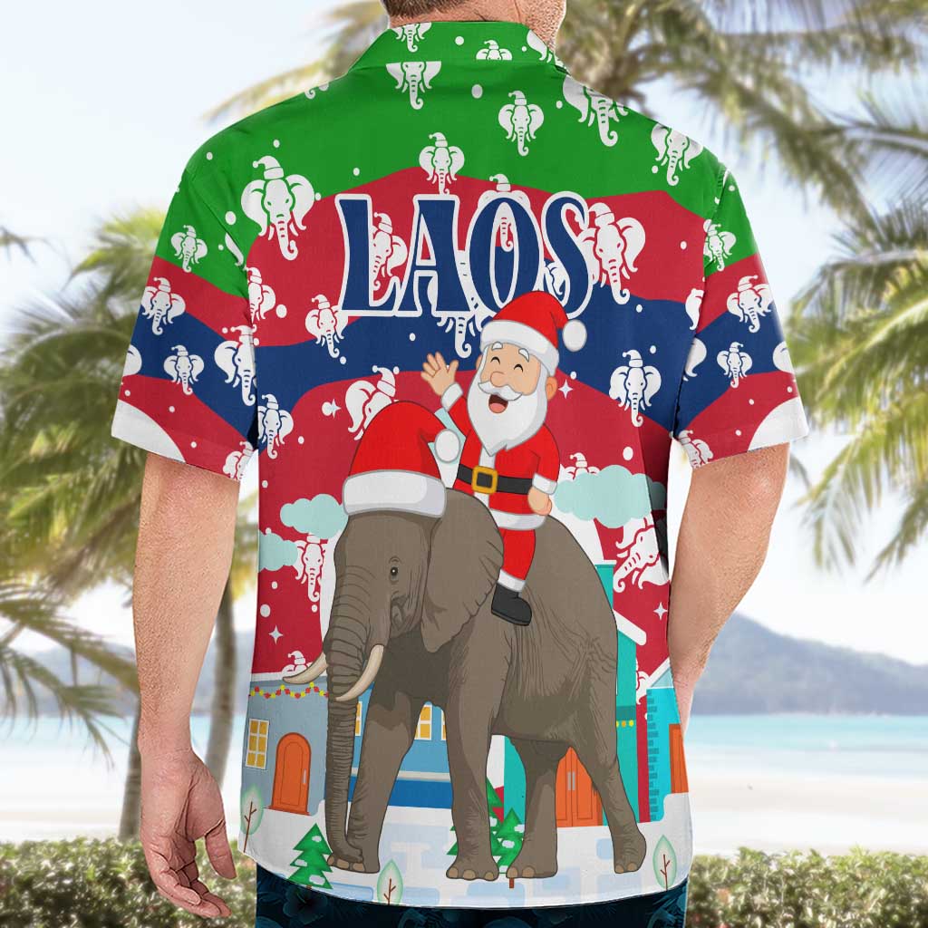 Laos Christmas Hawaiian Shirt with Santa Riding Elephant and Festive Flag Pattern - Wonder Print Shop