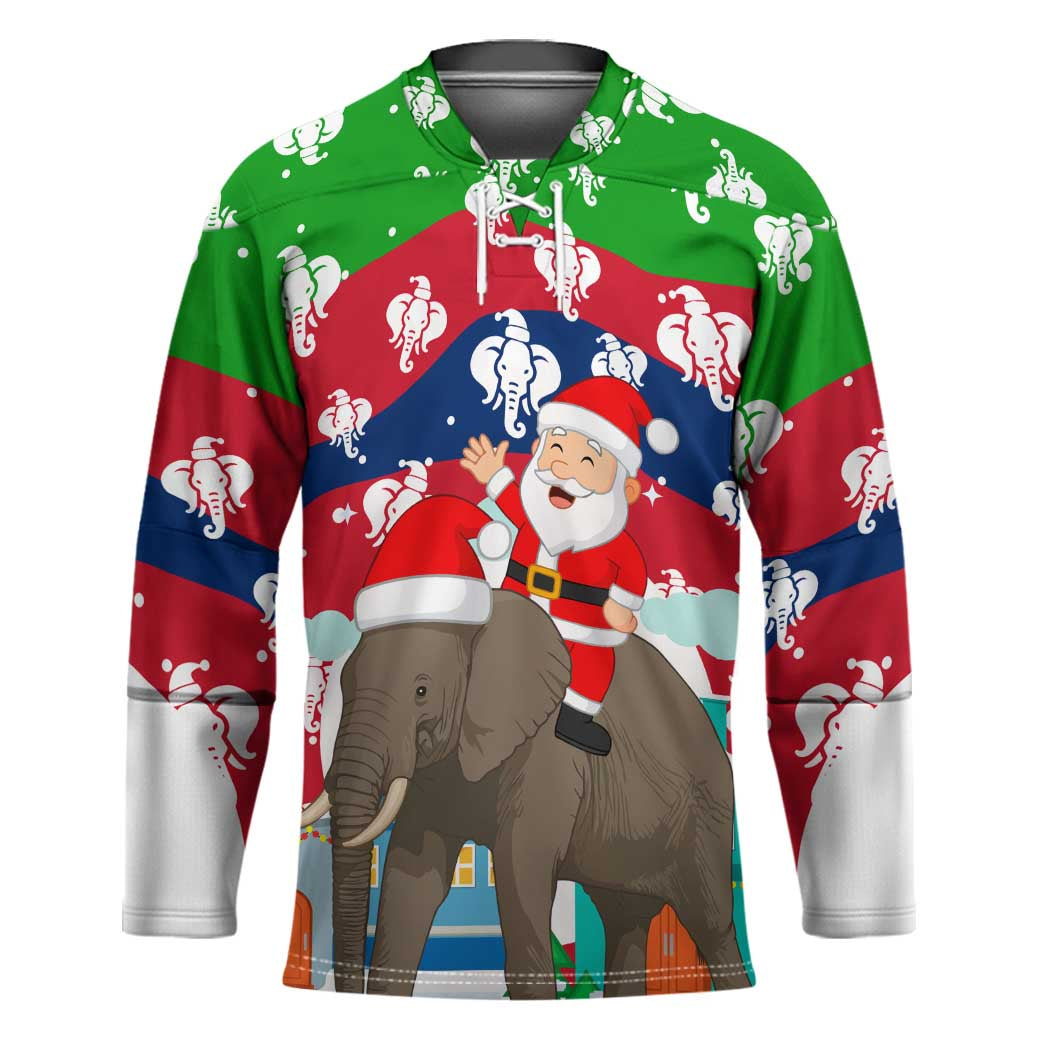 Laos Christmas Hockey Jersey with Santa Riding Elephant and Festive Flag Pattern - Wonder Print Shop