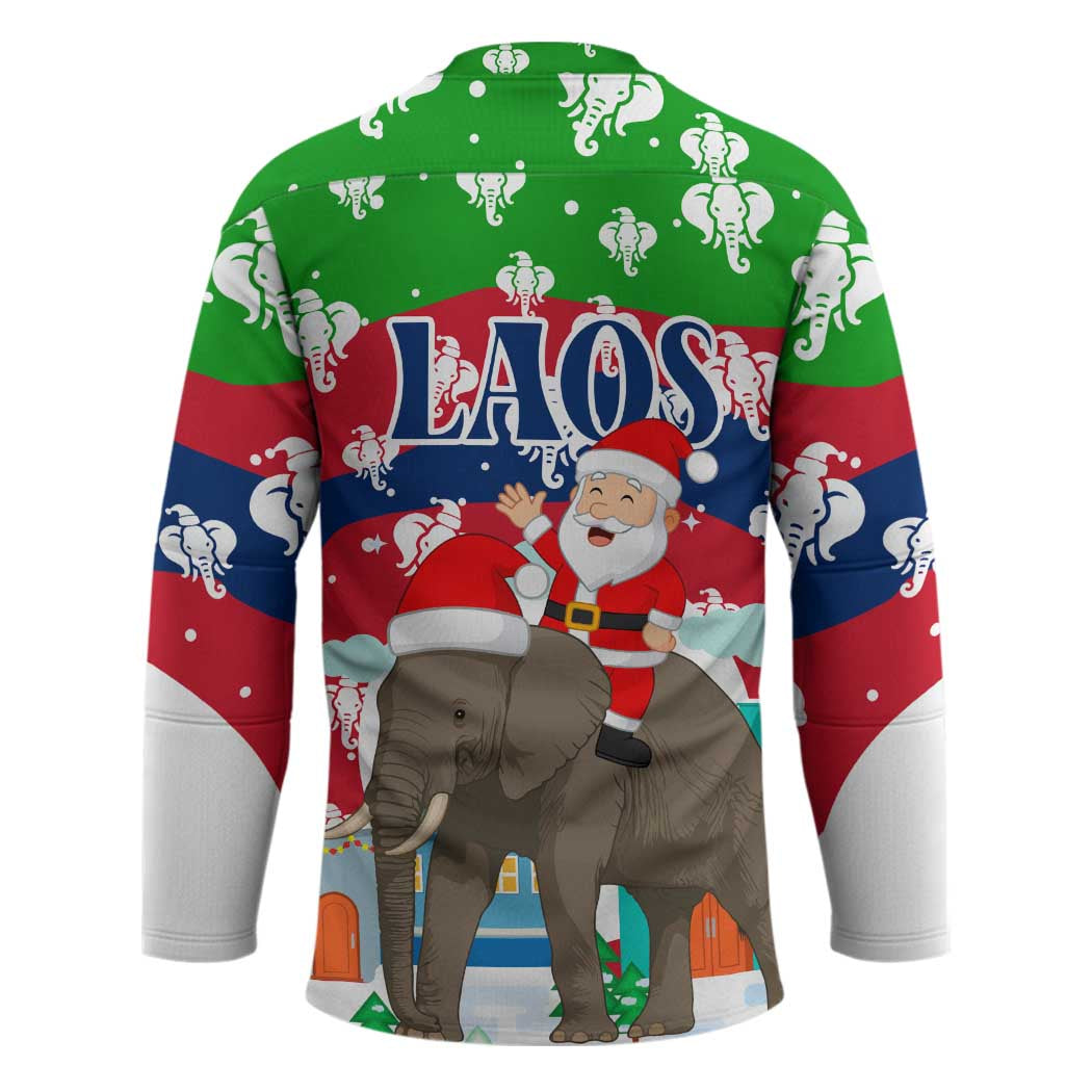 Laos Christmas Hockey Jersey with Santa Riding Elephant and Festive Flag Pattern - Wonder Print Shop