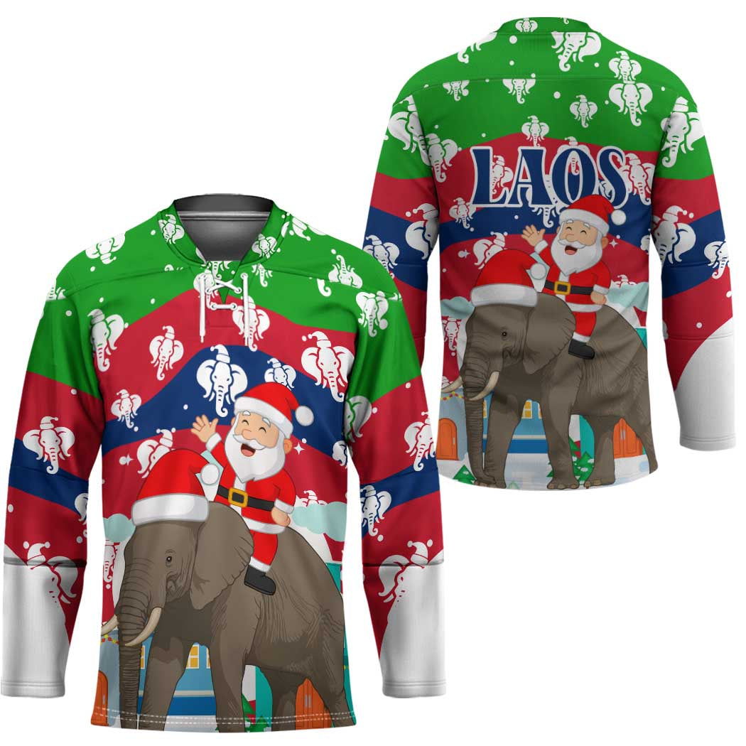 Laos Christmas Hockey Jersey with Santa Riding Elephant and Festive Flag Pattern - Wonder Print Shop