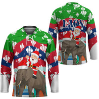 Laos Christmas Hockey Jersey with Santa Riding Elephant and Festive Flag Pattern - Wonder Print Shop